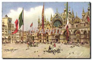Old Postcard Venezia St. Mark's Basilica and Clock Tower