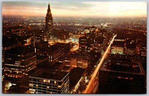 Vtg Cleveland Ohio OH Downtown at Dusk Night Terminal Tower 1970s View Postcard