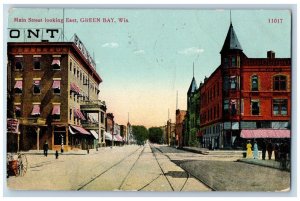 Green Bay Wisconsin Postcard Main Street Looking East Road c1910 Vintage Antique