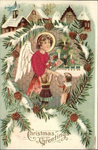 Christmas Angel Children Wreath Silk Clothes c1900s-20s Postcard