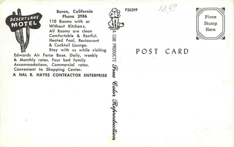 Boron California 1950-60s Postcard Desert Lake Motel Map