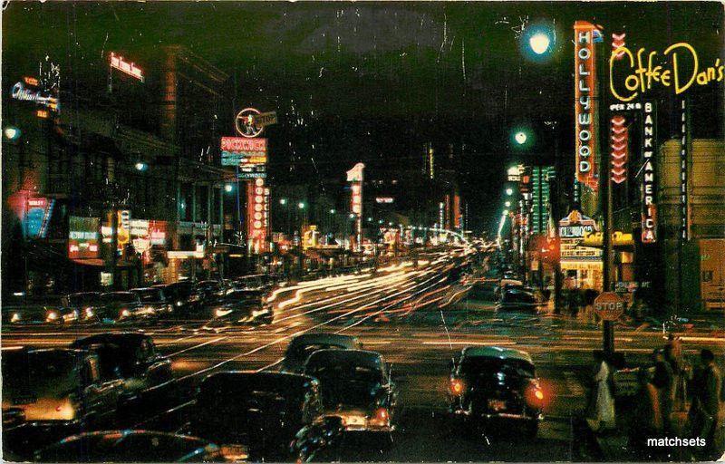 1950s Night Neon Hollywood Boulevard California Colorpicture postcard 10884