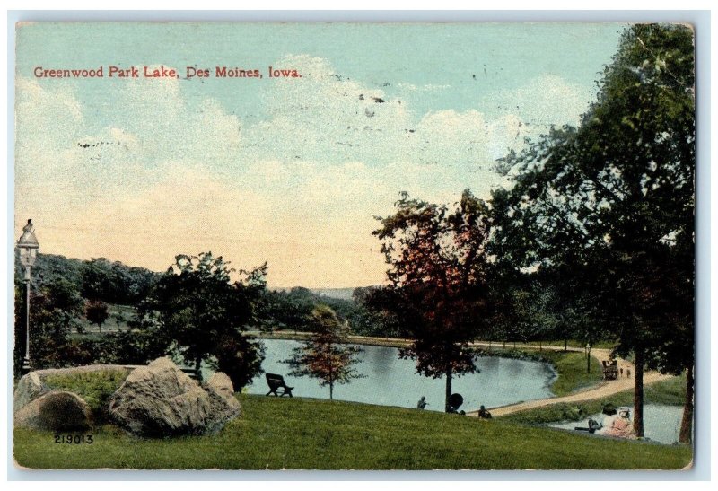 1914 Greenwood Lake Park Pond Dirt Road Landscape Des Moines Iowa IA Postcard