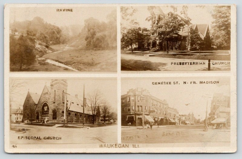Waukegan IL~Genesee Street Stores~Presbyterian-Episcopal Churches~1907 RPPC 