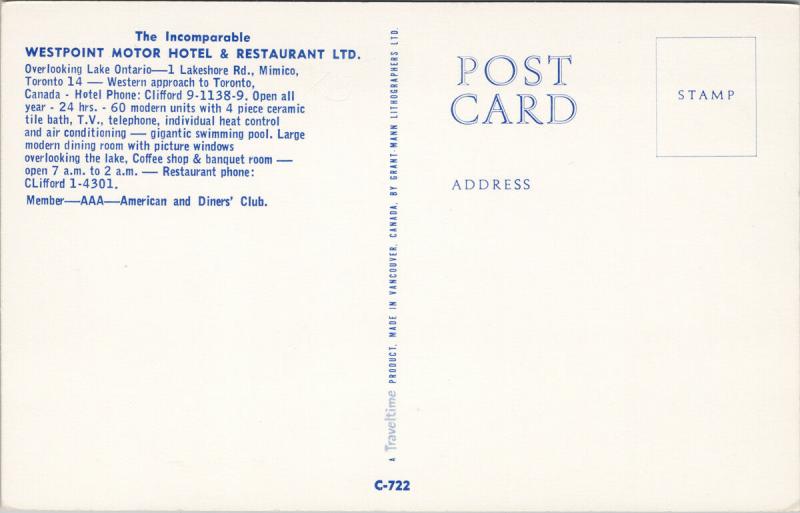 Westpoint Motor Hotel & Restaurant Mimico Toronto Ontario ON Unused Postcard D71