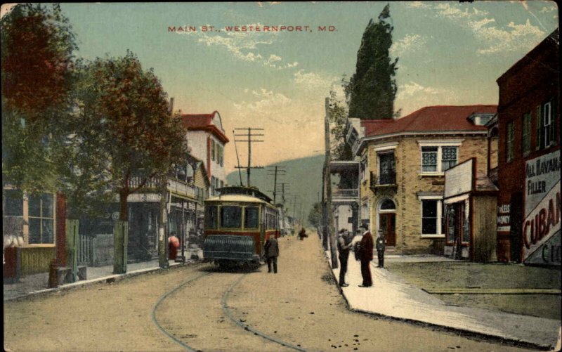 Westernport Maryland MD Trolley Street Scene SCARCE! c1910 Postcard