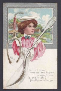 1913 Q1 PARCEL POST STAMP, W/PRETTY WOMAN & POEM, HARRINGTON ME