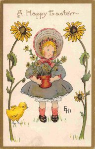 Girl with Sunflowers Artist Ethel Dewees Happy Easter Greetings 1910c postcard