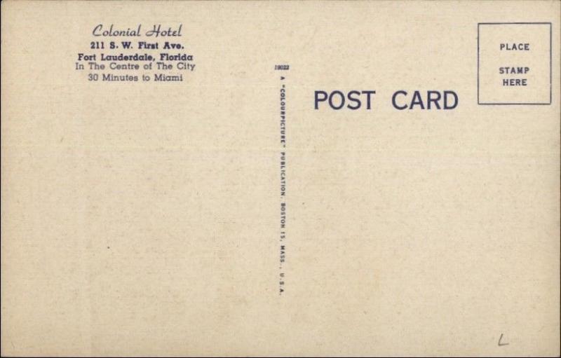 Fort Lauderdale FL Colonial Hotel Art Deco Linen Postcard