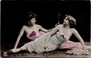 Tinted Photo of Two Lounging Ladies, Smoking Cigarettes Vintage Postcard Z25