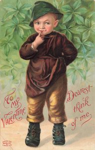 c1910 Adorable Young Boy Clover Embossed Germany Valentines Day P375 