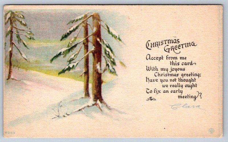 Christmas Greetings, Rural Winter Scene, Antique 1917 S. Bergman Postcard