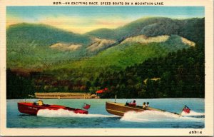 Vtg 1930s An Exciting Race Speedboats On A Mountain Lake Unused Linen Postcard