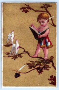 SET/4 STOCK VICTORIAN TRADE CARDS*KIDS*TREES*CHAMPAGNE*READING*CANDLE*BIRDS*GOLD