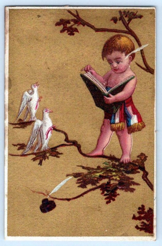 SET/4 STOCK VICTORIAN TRADE CARDS*KIDS*TREES*CHAMPAGNE*READING*CANDLE*BIRDS*GOLD