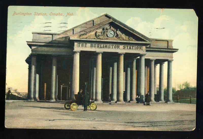 Omaha, Nebraska/NEPostcard, Burlington Station, Old Model T?, 1909!