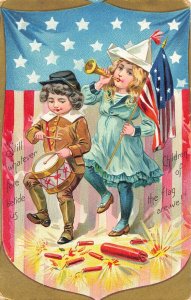 FIREWORKS-DRUM-HORN-CHILDREN OF THE FLAG-PATROTIC~1910 TUCK 4th OF JULY POSTCARD