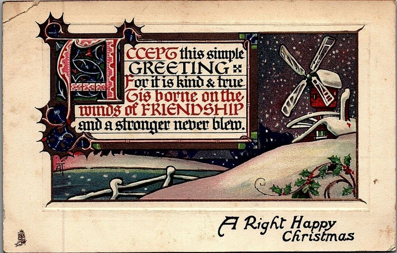 1915 HAPPY CHRISTMAS SNOW WINDMILL RIVER RAPHAEL TUCK EMBOSSED POSTCARD 20-128