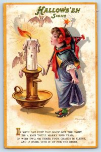 c1910's Halloween Sign Girl Blowing Anthropomorphic Candle Bats Signed Postcard