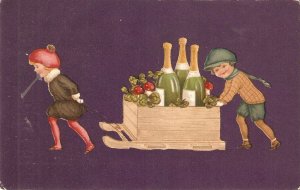 Children. Boy and girl carrying wine bottles old vintage German artist drawn