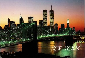 Night View Lower Manhattan Brooklyn Bridge Twin Towers New York Postcard