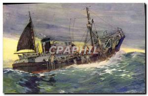 Old Postcard Boat Trawler fishing picking up his large trawl Sebille