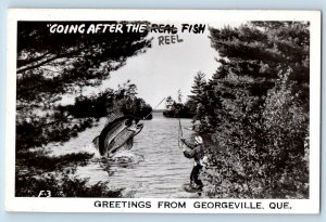 Quebec Canada Postcard Greetings from Georgeville Big Fish c1930's RPPC Photo