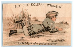 c1880's Young Boy Lilac Flowers Eclipse Wringer Worcester MA Trade Card 