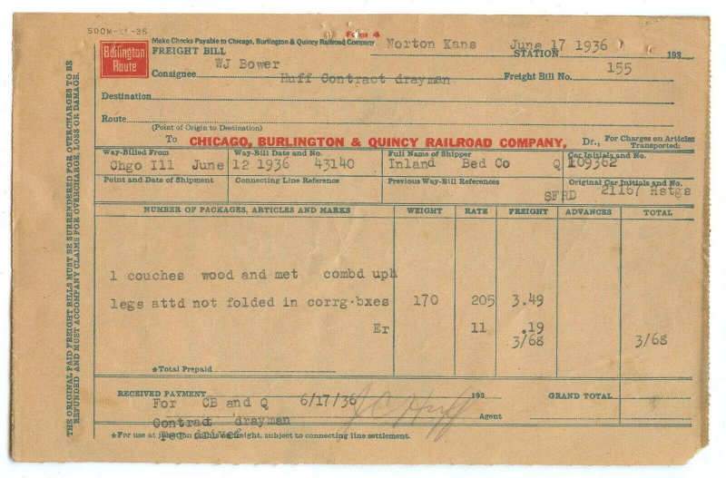 Burlington Route Railroad Company Vintage June 17, 1936 Freight Bill 