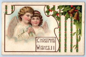 1910 Christmas Angels Holly Berries Ringing Bells Embossed Antique Postcard