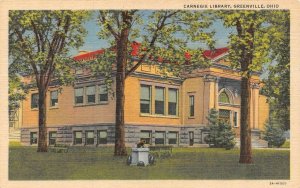 GREENVILLE, Ohio OH   CARNEGIE LIBRARY  Canon On Grounds  c1940's Linen Postcard