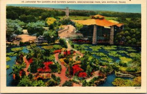 Vtg 1930s Japanese Tea Sunken Garden San Antonio Texas TX Linen Postcard