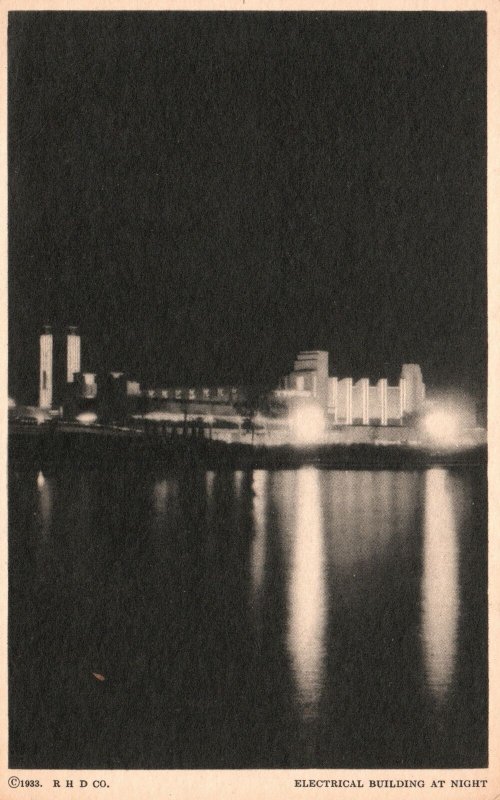 Vintage Postcard 1920s Electrical Building at Night Century Progress Chicago ILL