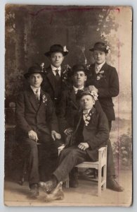 RPPC Dapper Young Men With Flowers Suits Hats Real Photo Postcard B39