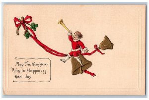 New Year Postcard Little Boy Trumpet Ringing Bells Wishbone Clover Nash Embossed