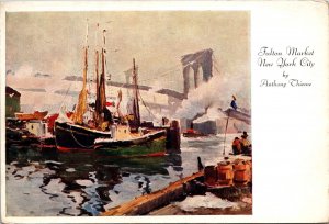 Fulton Market New York City Anthony Thieme Postcard boats Brooklyn Bridge