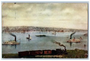 Davenport Iowa Postcard City Steamer Ferry Ship Locomotive c1908 Vintage Antique