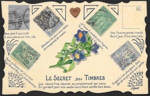 FRANCE Stamps on Postcard Language of Stamps Die Cut Flowers Unused c1930s