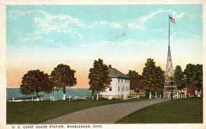 Vintage Postcard 1920's US Coast Guard Station Flagpole Roadway Marblehead Ohio