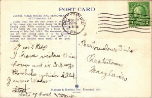 Jennie Wade House Monument Gettysburg PA Pennsylvania Linen Postcard PM Cancel 