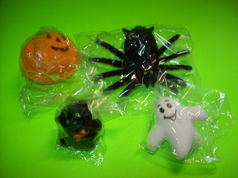 Vintage Halloween Flocked Toys Black Widow Spider Cat Ghost NOS 1960s Hong Kong