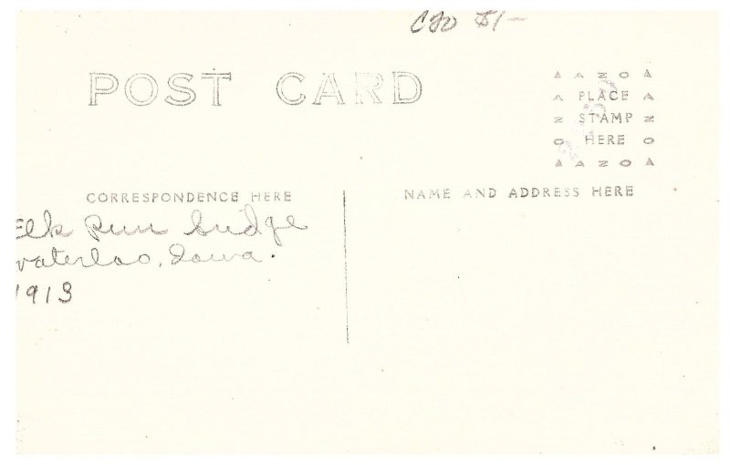 RPPC Postcard Elk Run Bridge Waterloo Iowa AZO c1918