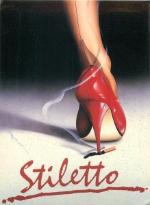 Postcard graphic woman in stiletto red shoe