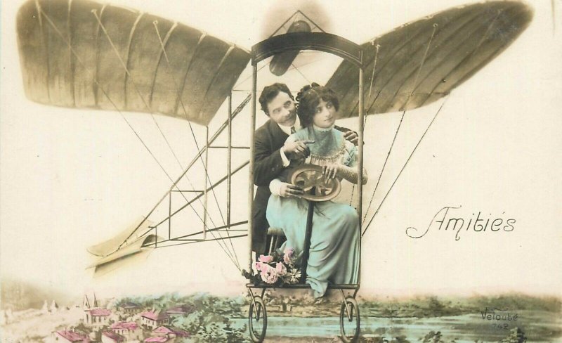 Airplane Couple Rose RP Fantasy French Surrealism postcard