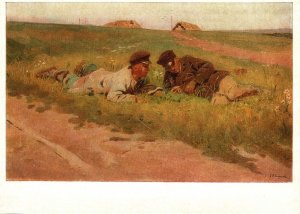 VINTAGE CONTINENTAL SIZE POSTCARD EASTERN EUROPE ART ON A CARD - 2 BOYS IN FIELD