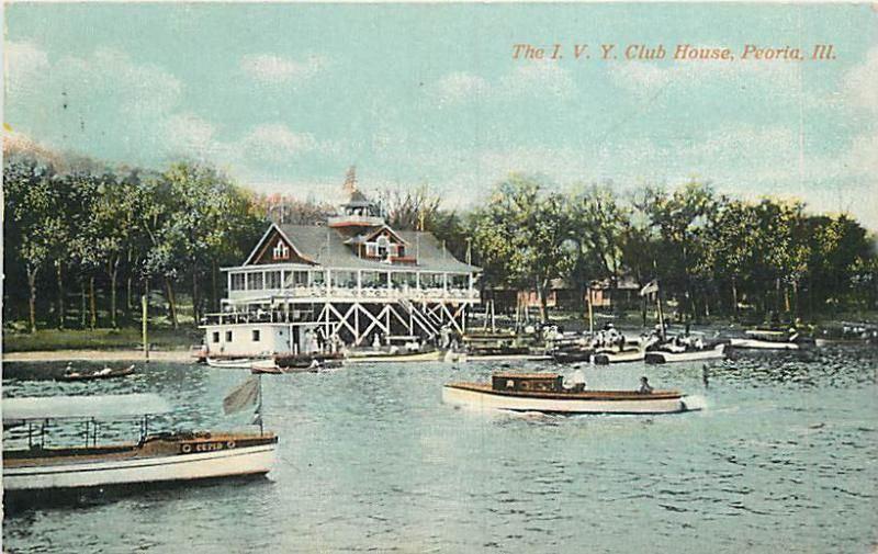 1910 PEORIA, ILLINOIS I.V.Y. Club House Waterfront Boats 3456 postcard