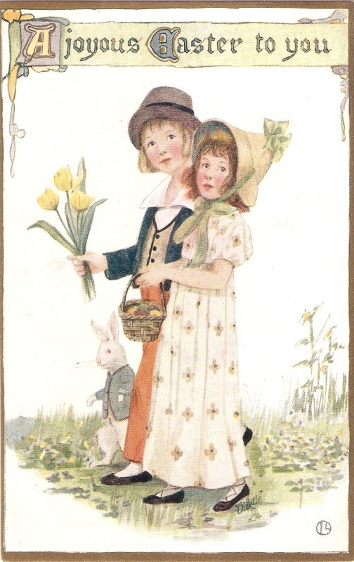 Young boy and girl. Easter Message Tuck Oilette Colonial Easter Ser. PC # 1027
