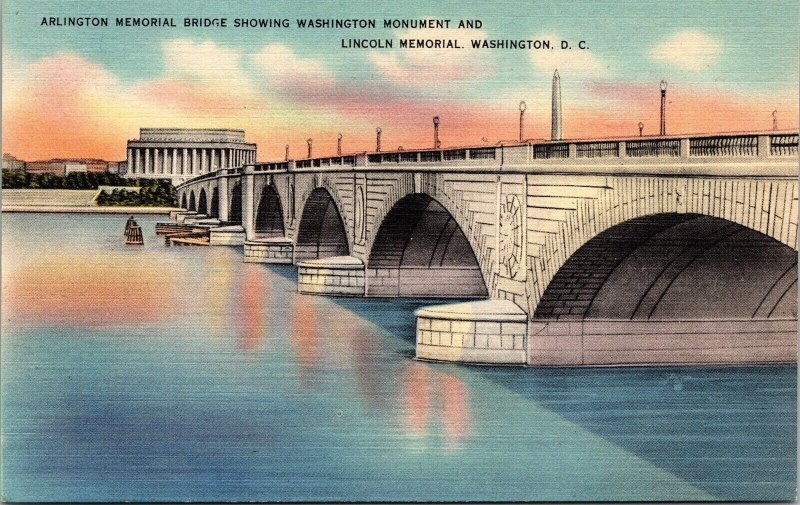 Arlington Memorial Bridge Washington Monument Lincoln Memorial DC Postcard UNP 