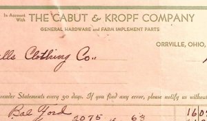 1937 ORRVILLE OHIO CABUT & KROPF CO GENERAL HARDWARE FARM BILLHEAD INVOICE Z383