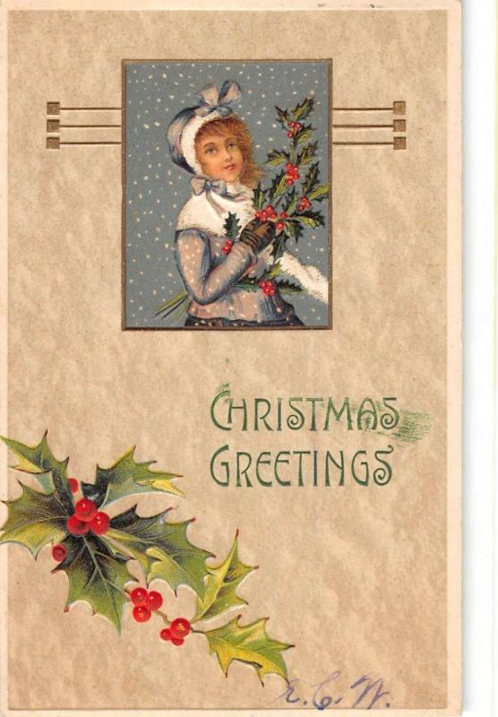 Christmas Greeting Snow Woman Holly Antique Postcard K39349